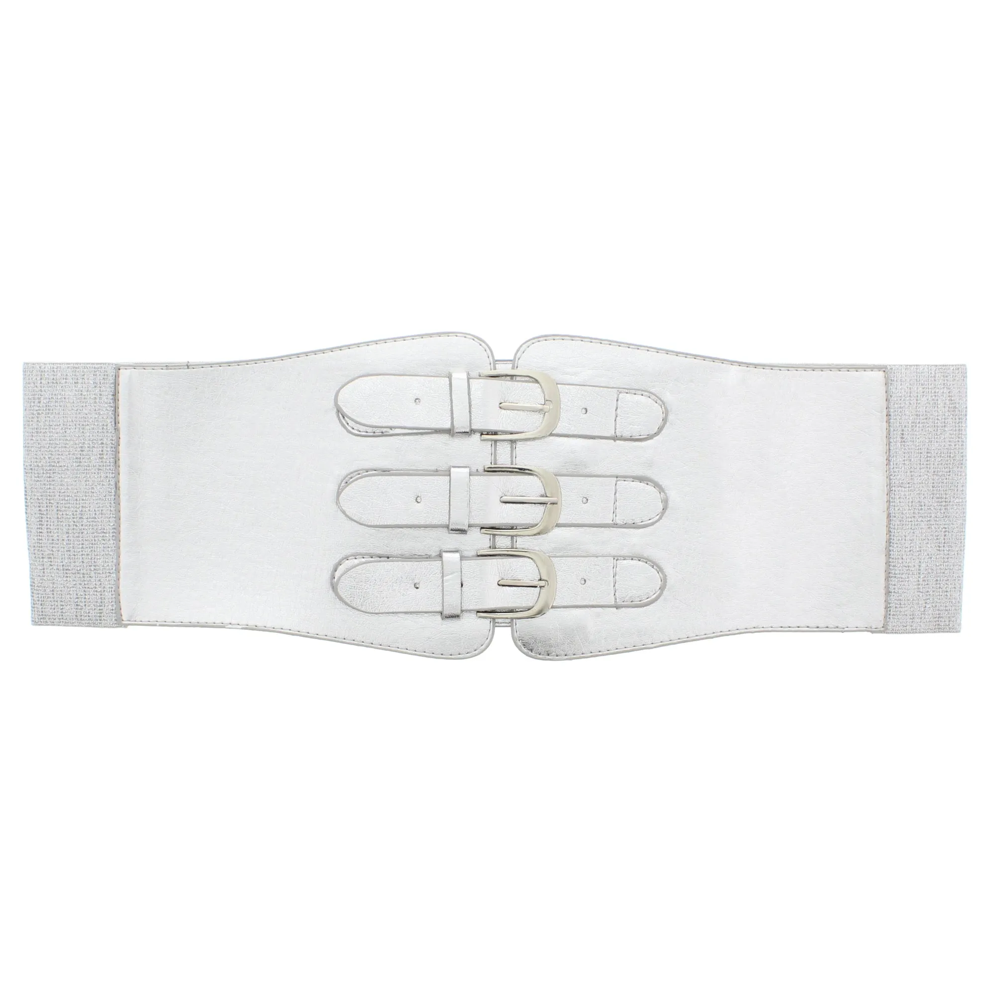 12cm Silver Elasticated PU Triple Buckle Belt