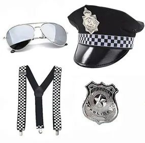 Adults Hat Braces Silver Aviators Metal Badge Police Fancy Dress Accessories