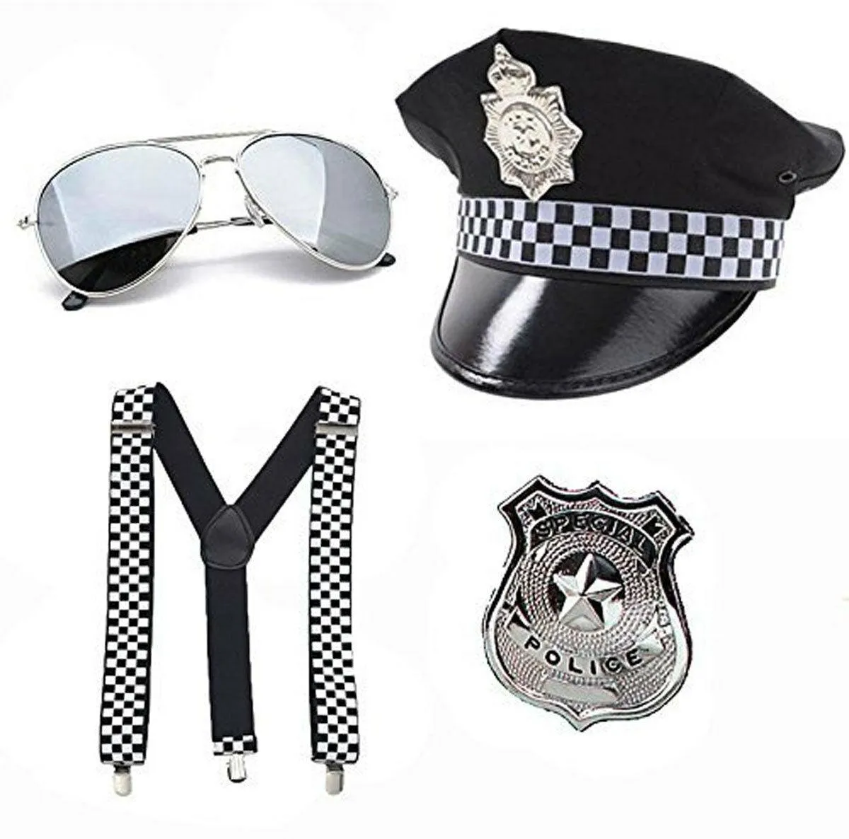 Adults Hat Braces Silver Aviators Metal Badge Police Fancy Dress Accessories