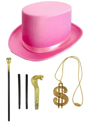 Adults Pink Satin Top Hat Snake Cane Dollar Necklace Willy Wonka Pimp Fancy Dres