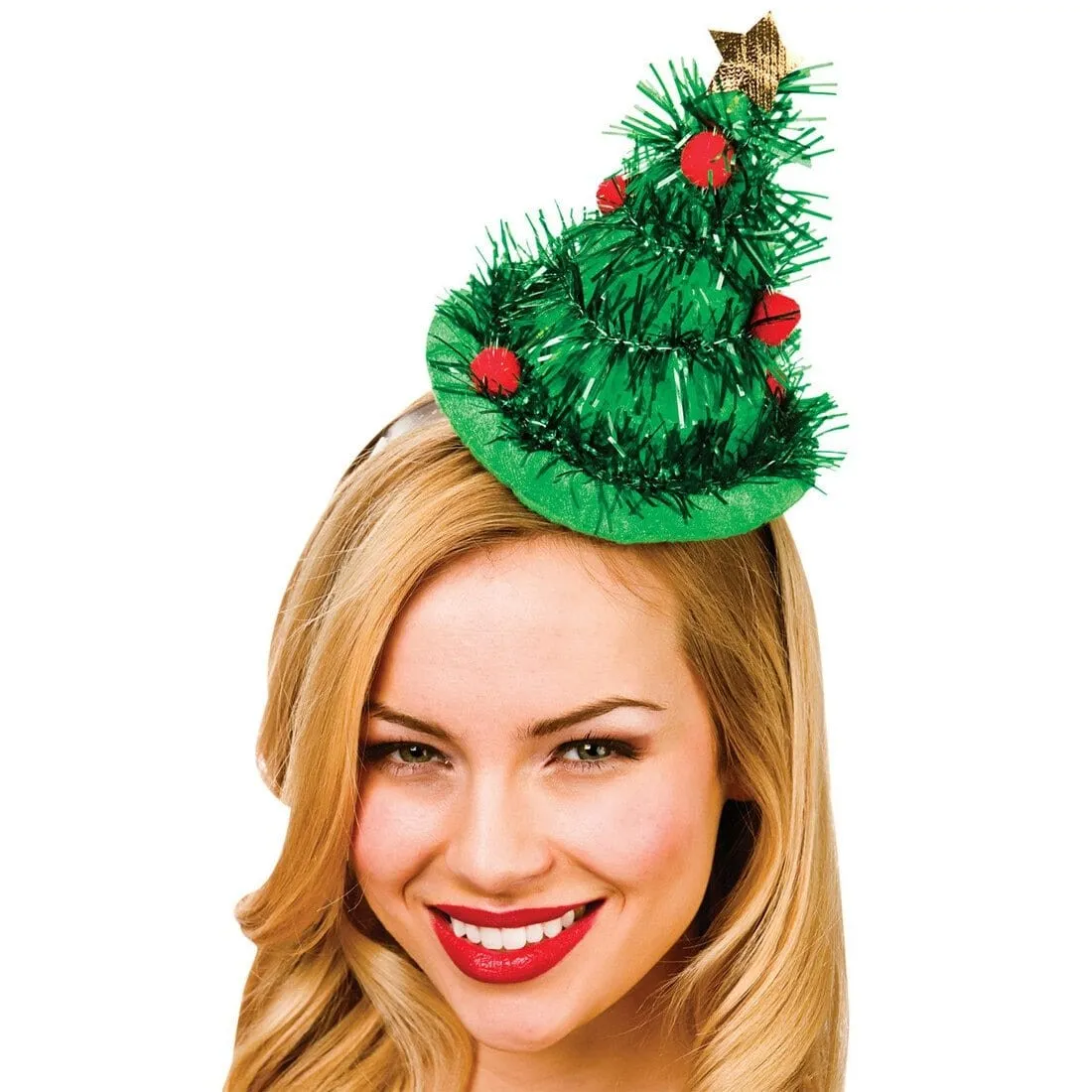 Adults Tinsel Tree Green Hat On Headband Christmas Accessory