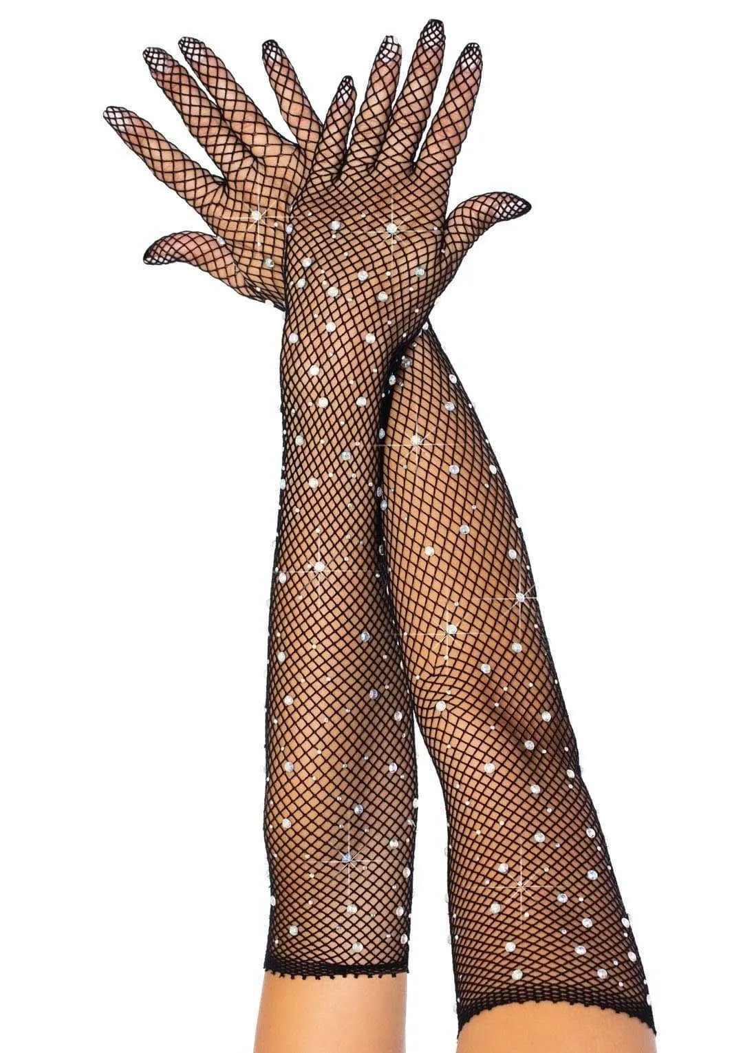 Black Rhinestone Fishnet Long Gloves