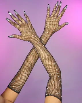 Black Rhinestone Fishnet Long Gloves