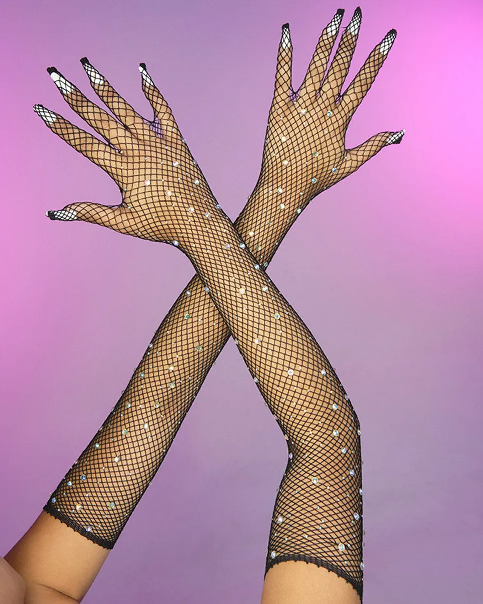 Black Rhinestone Fishnet Long Gloves