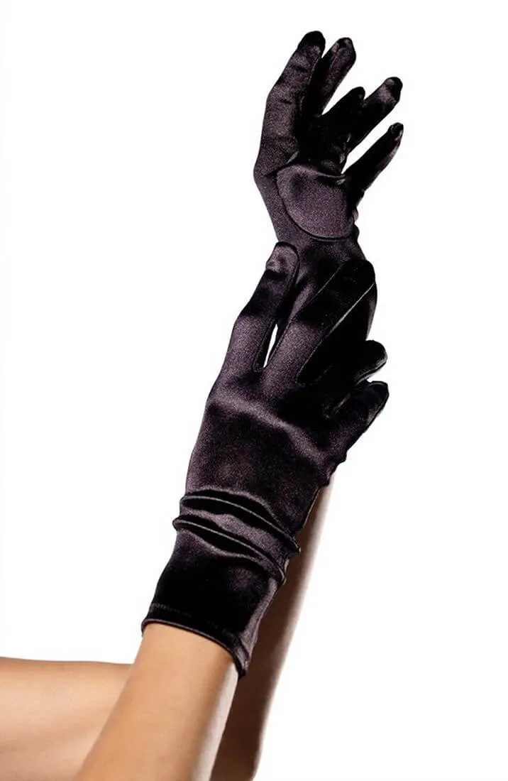 Black wrist length satin gloves