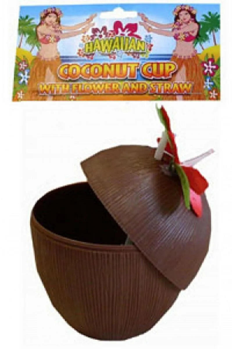 Brown Coconut Cup with Straw & Flower Leis Plastic, Hawaiian Hula Party Prop