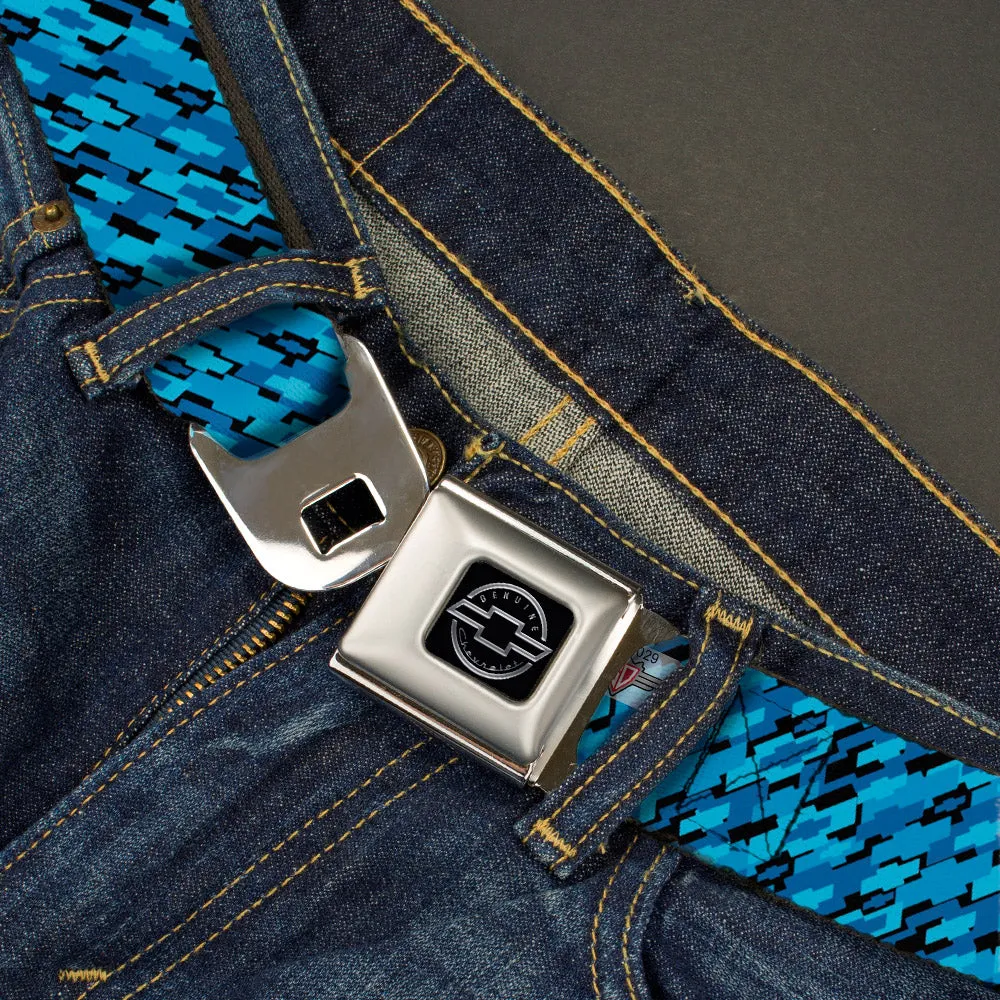 Chevy Seatbelt Belt - Diagonal Retro Chevy Bowtie Stacked Black/Blues Webbing