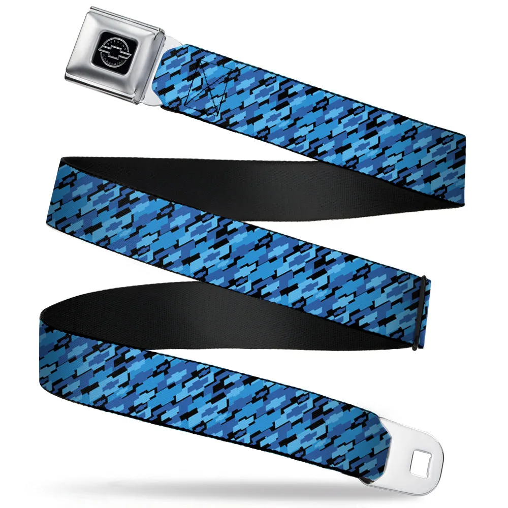 Chevy Seatbelt Belt - Diagonal Retro Chevy Bowtie Stacked Black/Blues Webbing