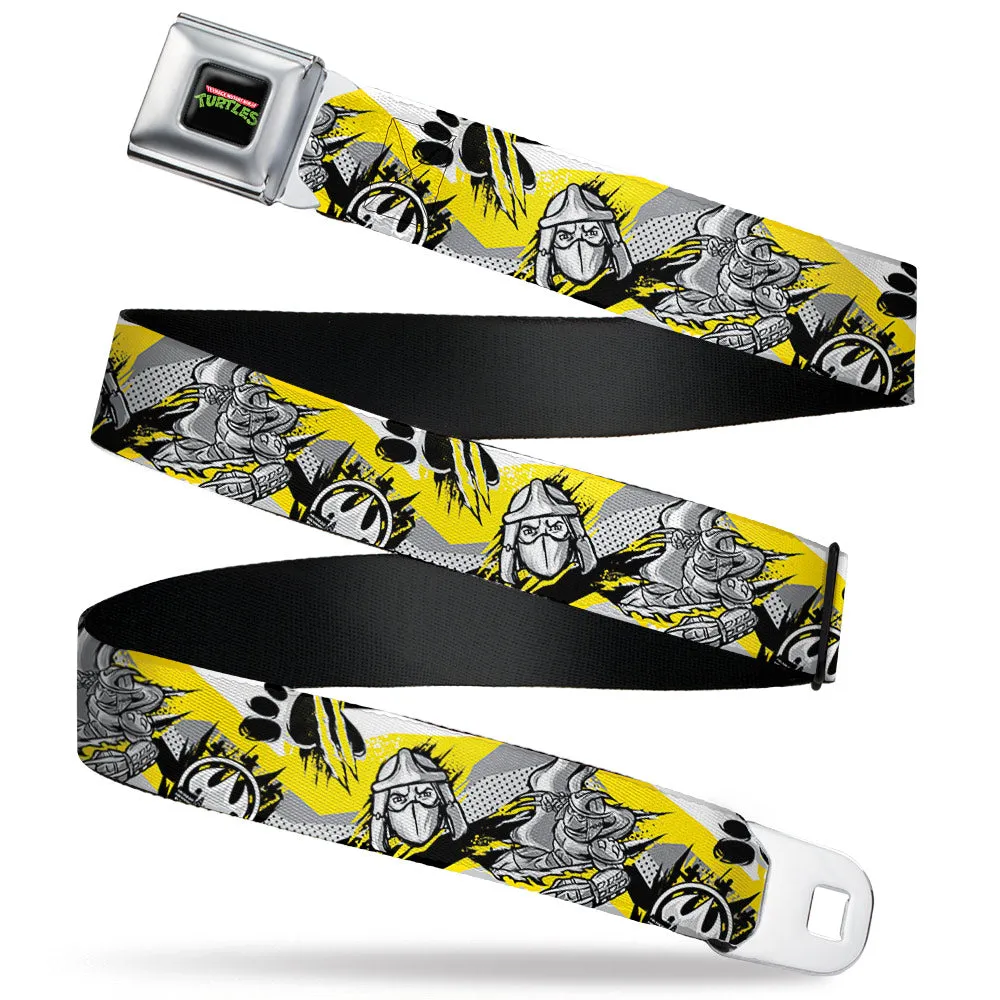 Classic TMNT Logo Full Color Seatbelt Belt - Teenage Mutant Ninja Turtles Shredder Pose and Icons Grays/Yellow Webbing