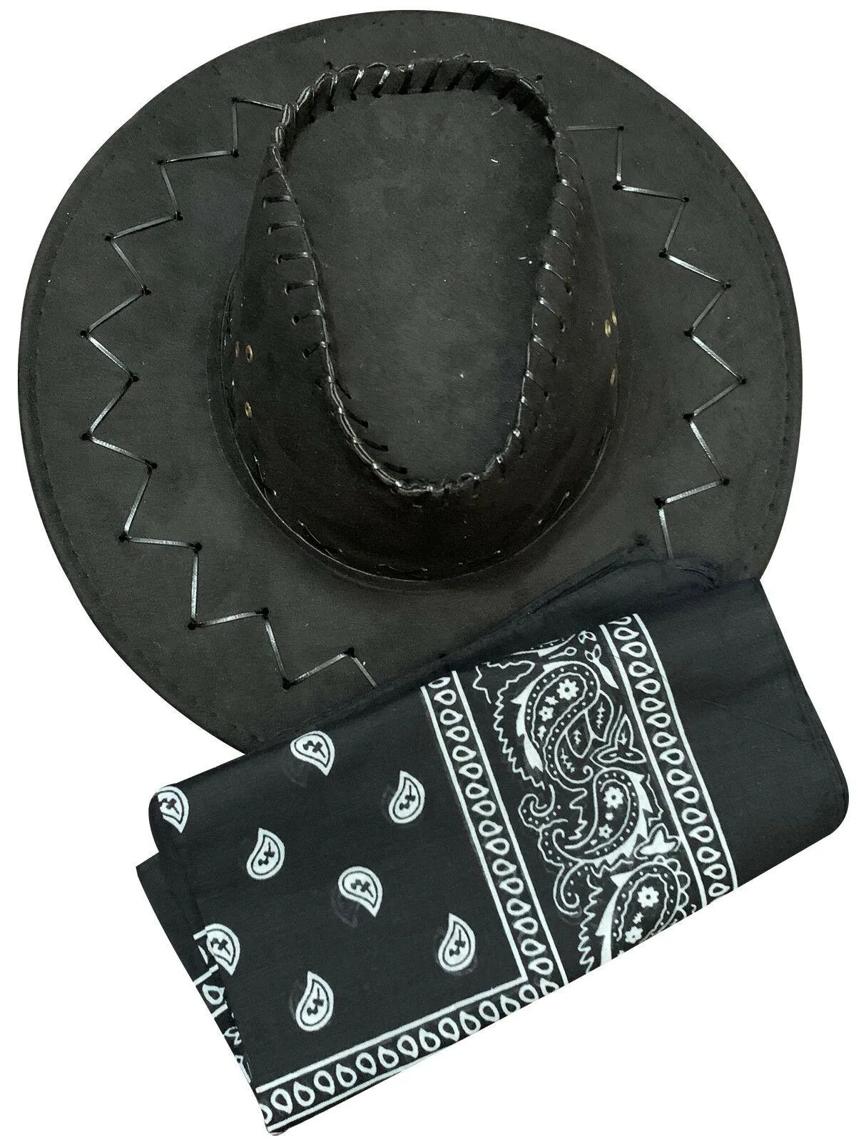 Cowboy Black Suede Look Western Hat Paisley Bandana Wild West Fancy Dress Set