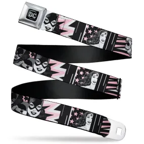 DC Round Logo Black/Silver Seatbelt Belt - Batgirl/Wonder Woman/Supergirl Retro Panels Black/Pink/White Webbing