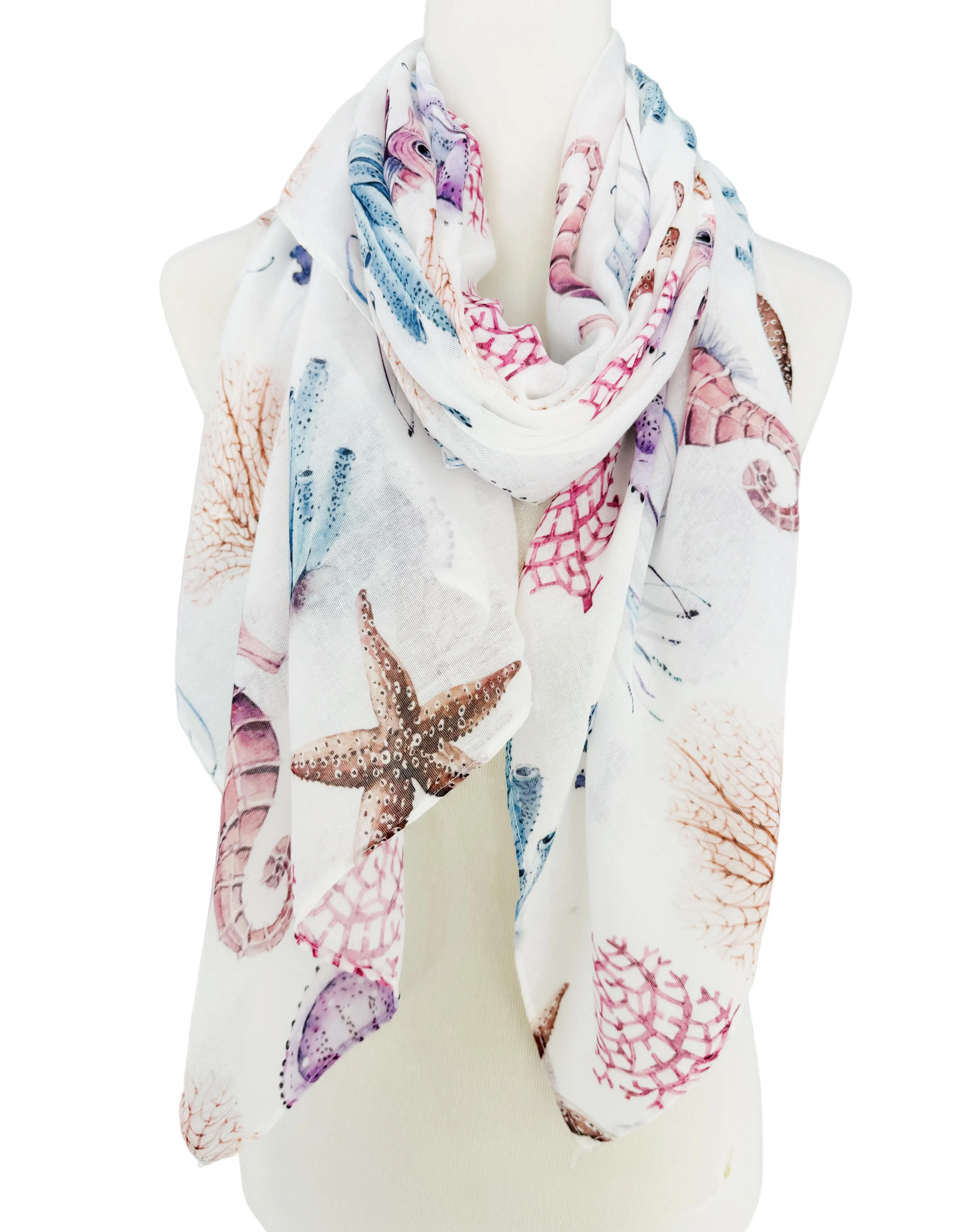 JC022851 White-Multi Sea Life Scarf