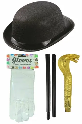 Kids Black Bowler Hat, Gold Sceptre, Snake Cane, and Gloves - Victorian Style Fancy Dress