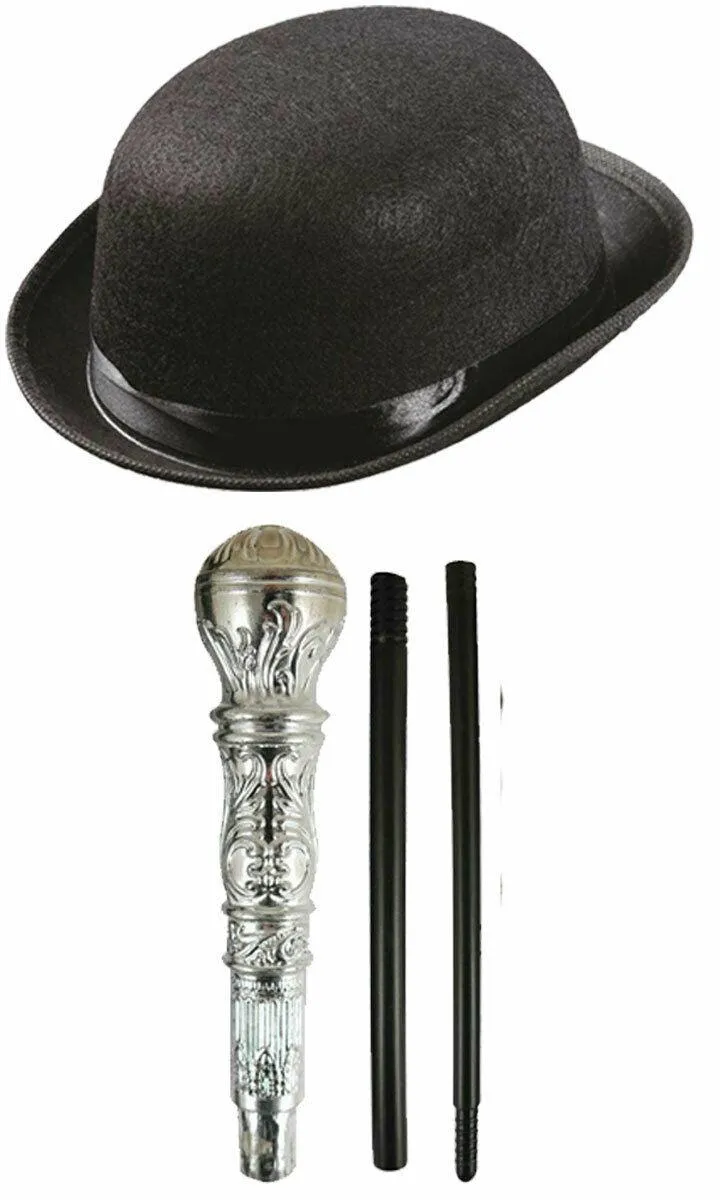 Kids Black Bowler Hat Silver Pimp Stick Victorian Boy Fancy Dress Party Set