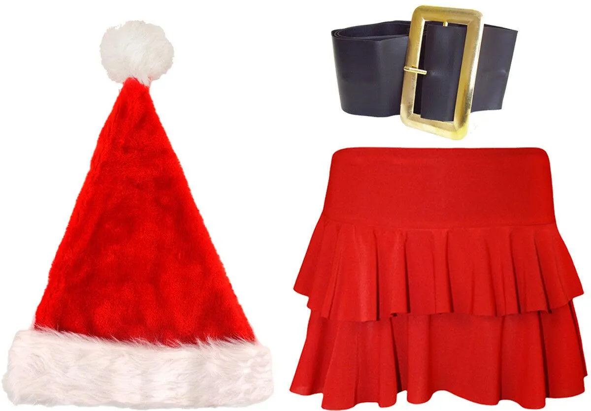 Ladies Christmas Red Rara Skirt Deluxe Santa Hat Buckle belt Xmas Fancy Dress