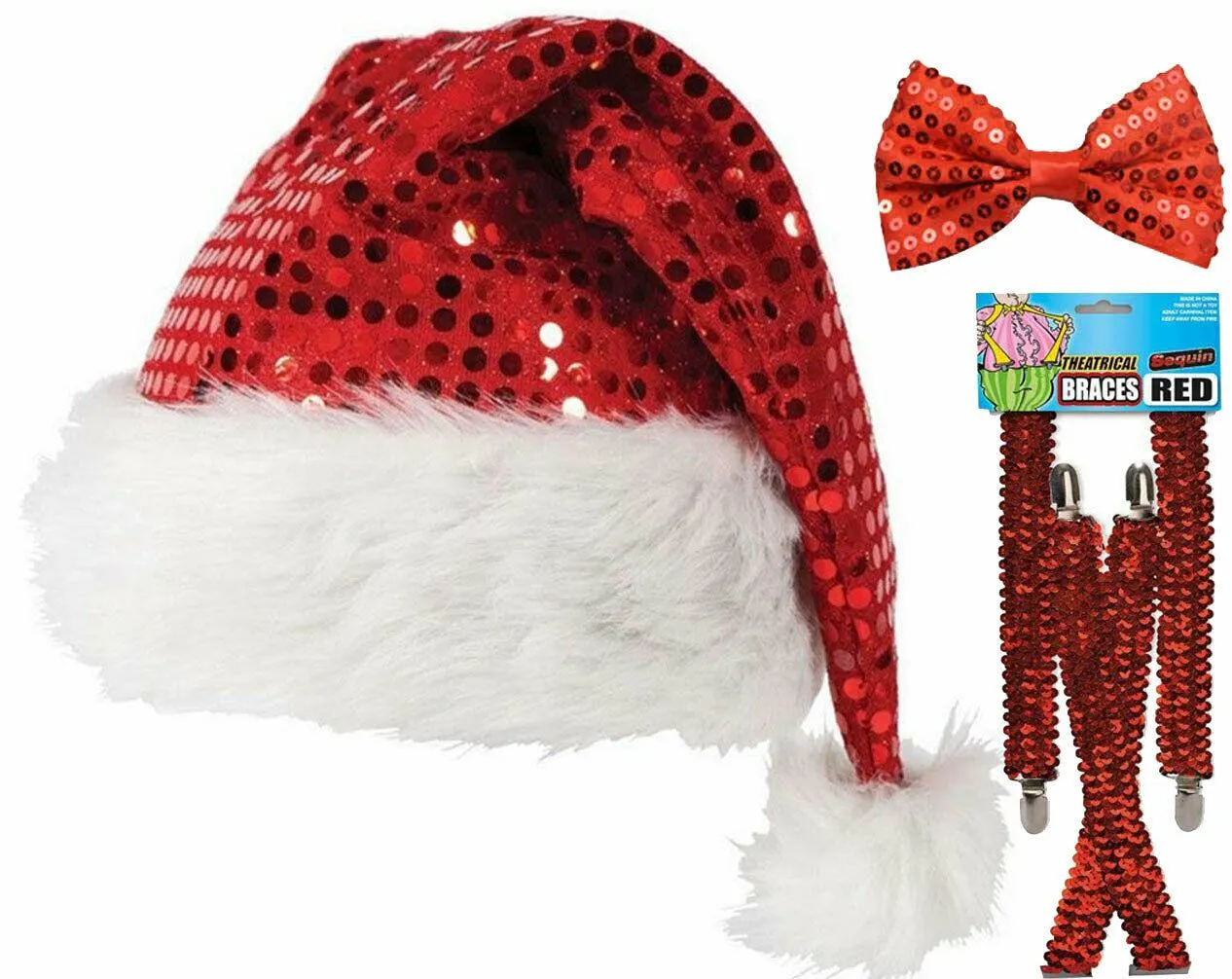 Ladies Christmas Sequin Santa Hat Sparkly Red Bow Tie Braces Xmas Accessory Set