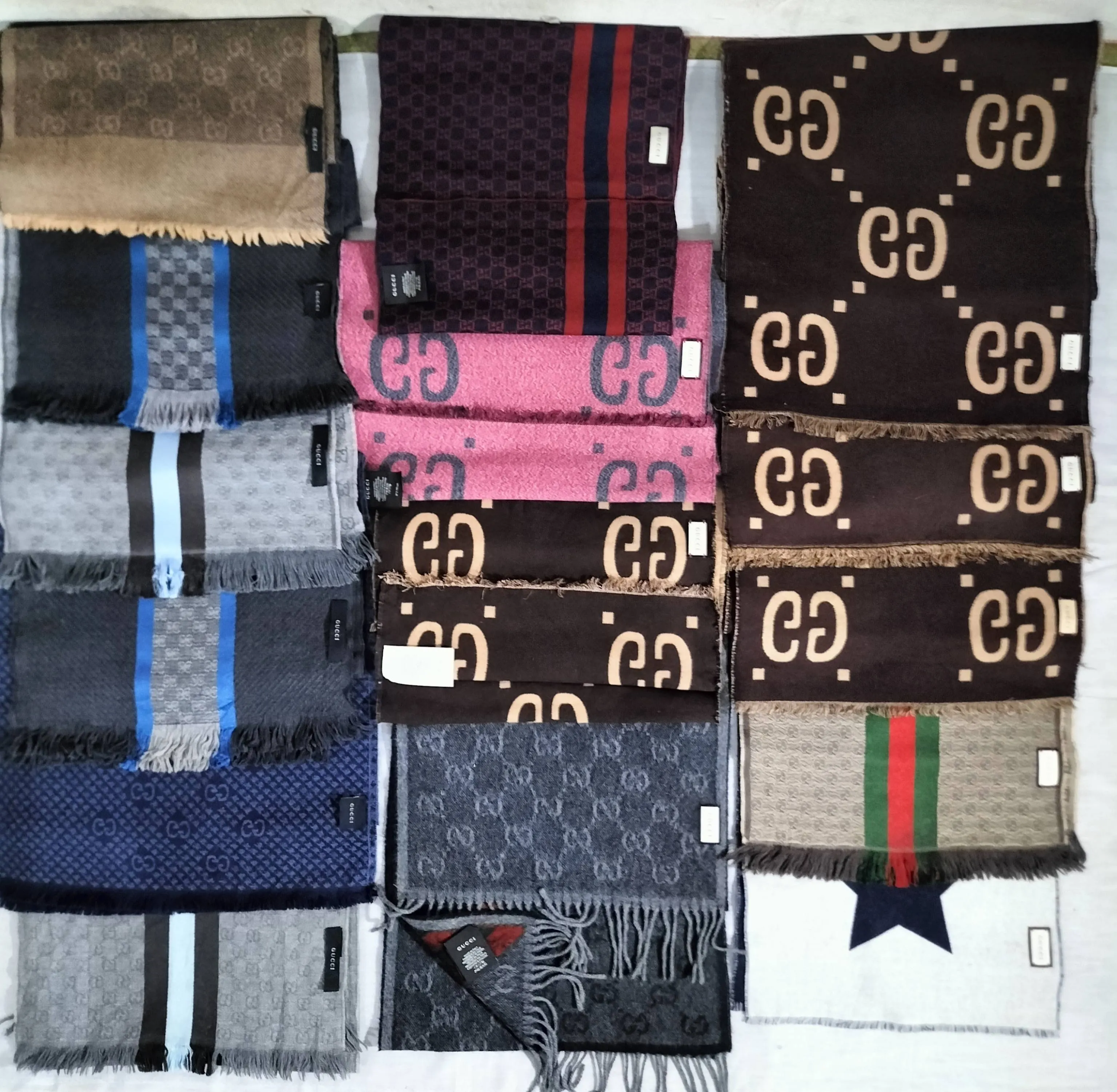 Limited Quantity of Authentic Mix  luxury branded Scarves 🧣(45) pieces. . (18) LORO PIANA. (12)GUCCI . (5)LV . (2) HERMES. (1)CHANEL. (1) VALENTINO . (1) D&G. (1) VERSACE.(1) fendi.(1) Celine.(1) Kenzo (1) Salvatore Ferragamo. Condition Like New