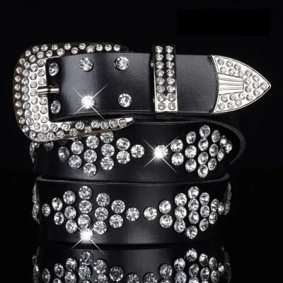 Luxury Elegant Diamond Leather Belt Vintage Female