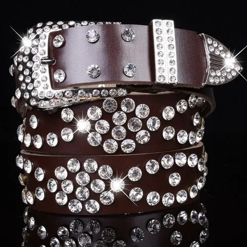 Luxury Elegant Diamond Leather Belt Vintage Female