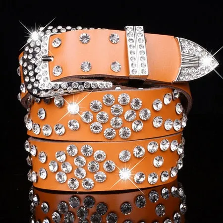 Luxury Elegant Diamond Leather Belt Vintage Female