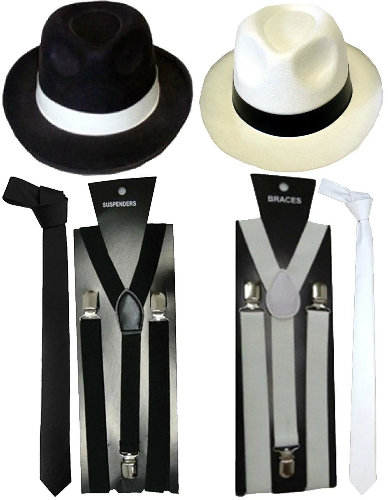 Mens 1920s hat tie braces gangster roaring pimp fancy dress