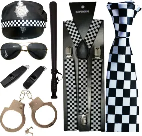 Mens Policemen Hat Braces Sunglasses Checkerd Tie Stag Night Costume Accessories