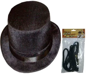 New Unisex Ringmaster Black Topper Hat & Bull Whip Velour Fancy Dress