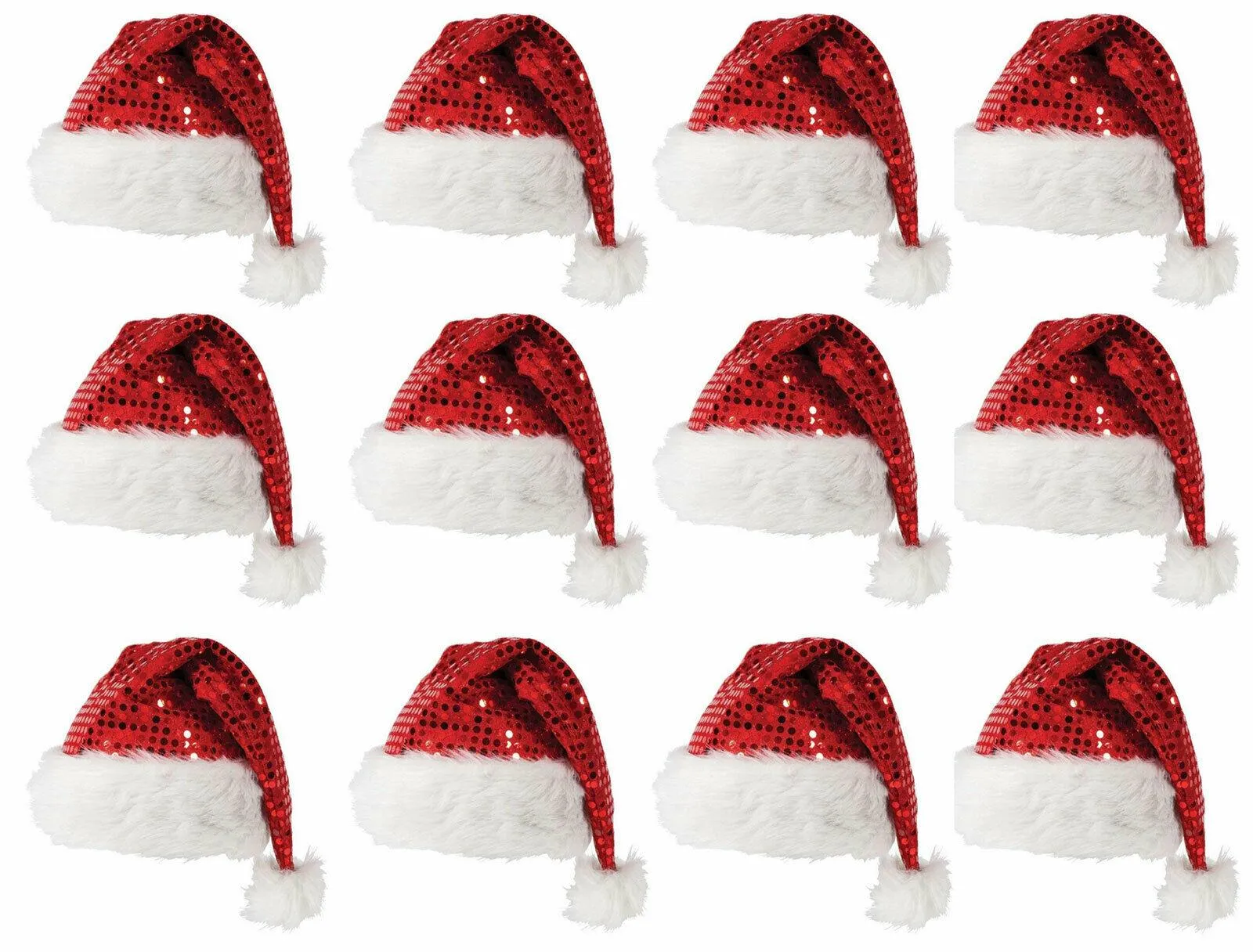 Pack of 12 x Christmas Red Sequin Secret Santa Hat Fluffy Xmas Fancy Dress