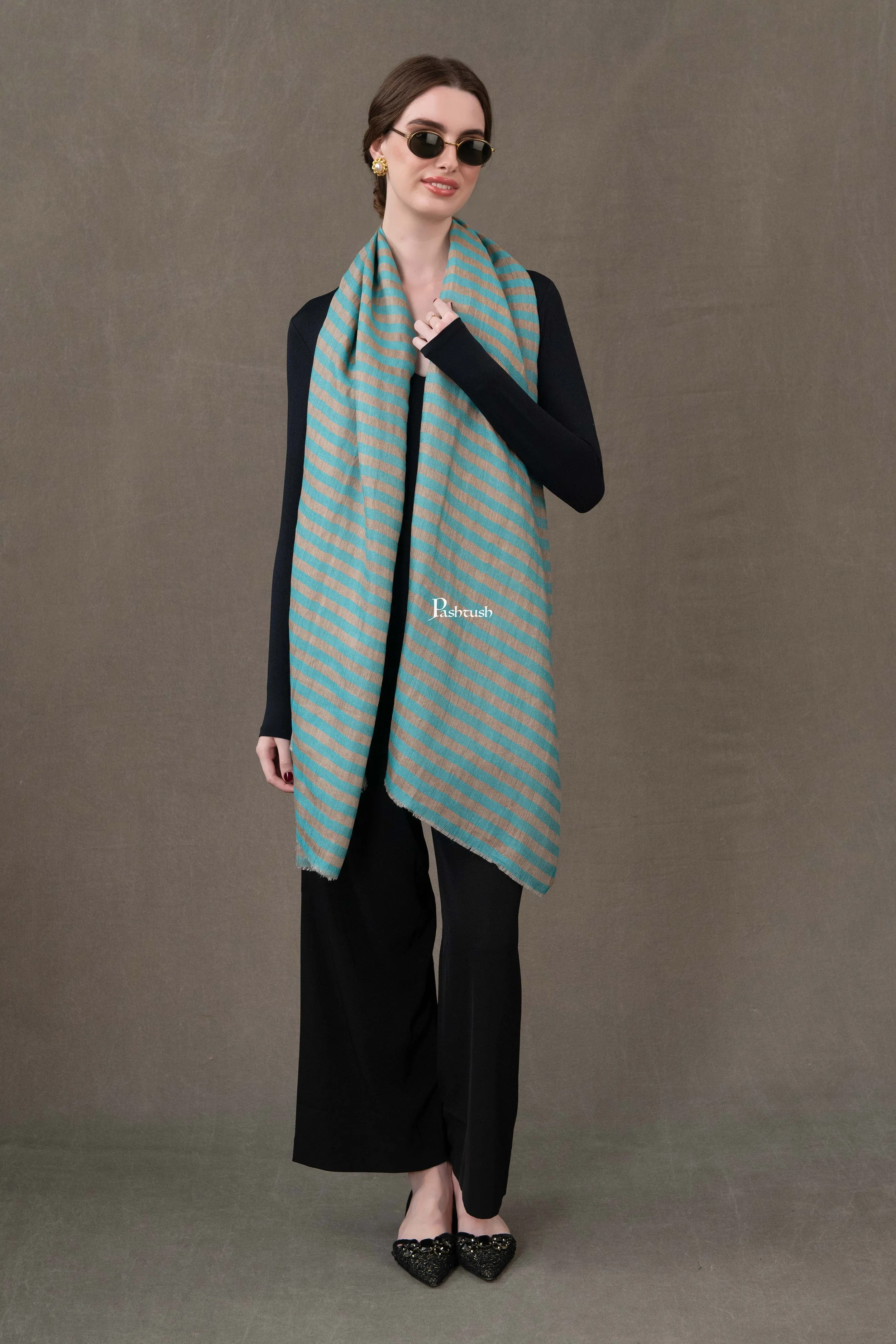 Pashtush Womens Stole, Extra Fine Wool-Silk, Twilight Collection, Gold Coast Blue