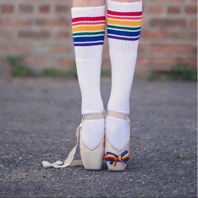 Rainbow Kids Knee High Socks Cotton Long Student School Socks Girls Boys Striped Socks White Thick Children Footwear