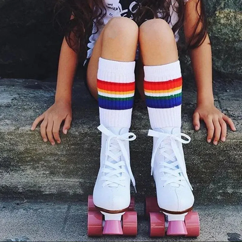 Rainbow Kids Knee High Socks Cotton Long Student School Socks Girls Boys Striped Socks White Thick Children Footwear