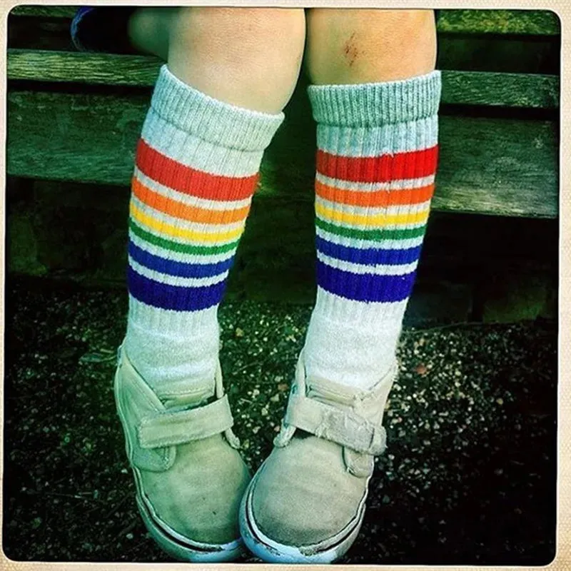 Rainbow Kids Knee High Socks Cotton Long Student School Socks Girls Boys Striped Socks White Thick Children Footwear