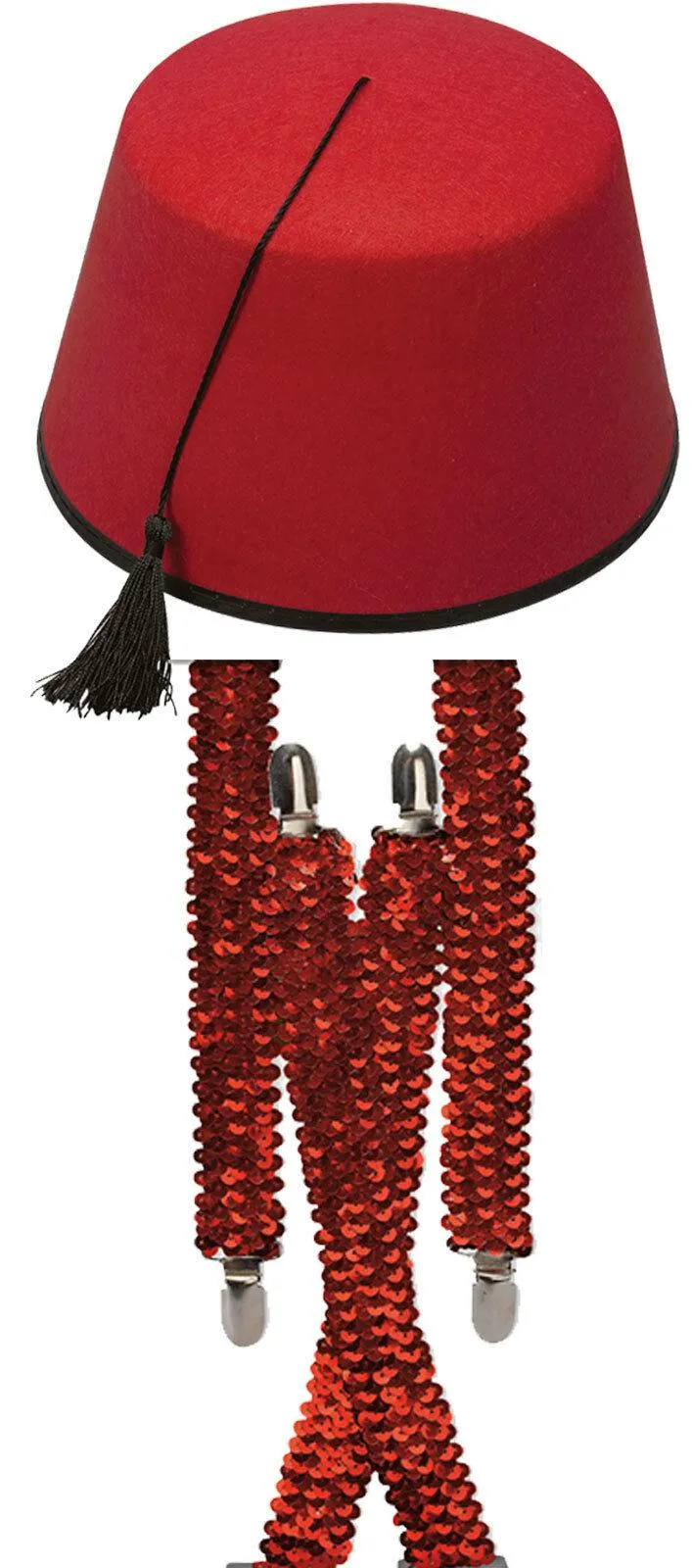 Red Plain Bow Tie Braces Fez Hat Moroccan Turkish Fancy Outfit Set