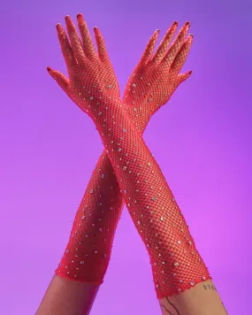 Red Rhinestone Fishnet Long Gloves