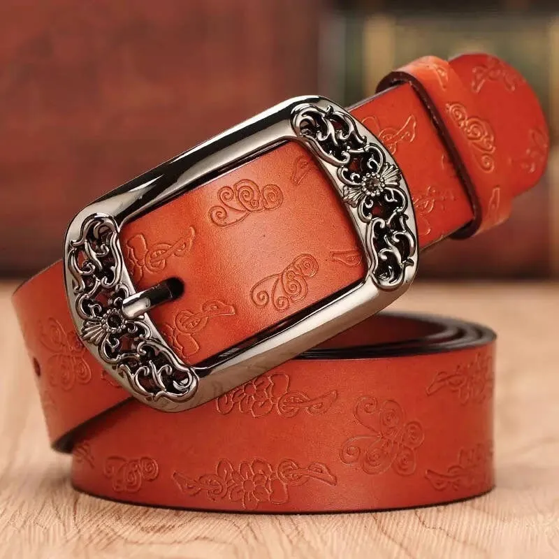 Retro Carved Floral Butterfly Genuine Leather Belts