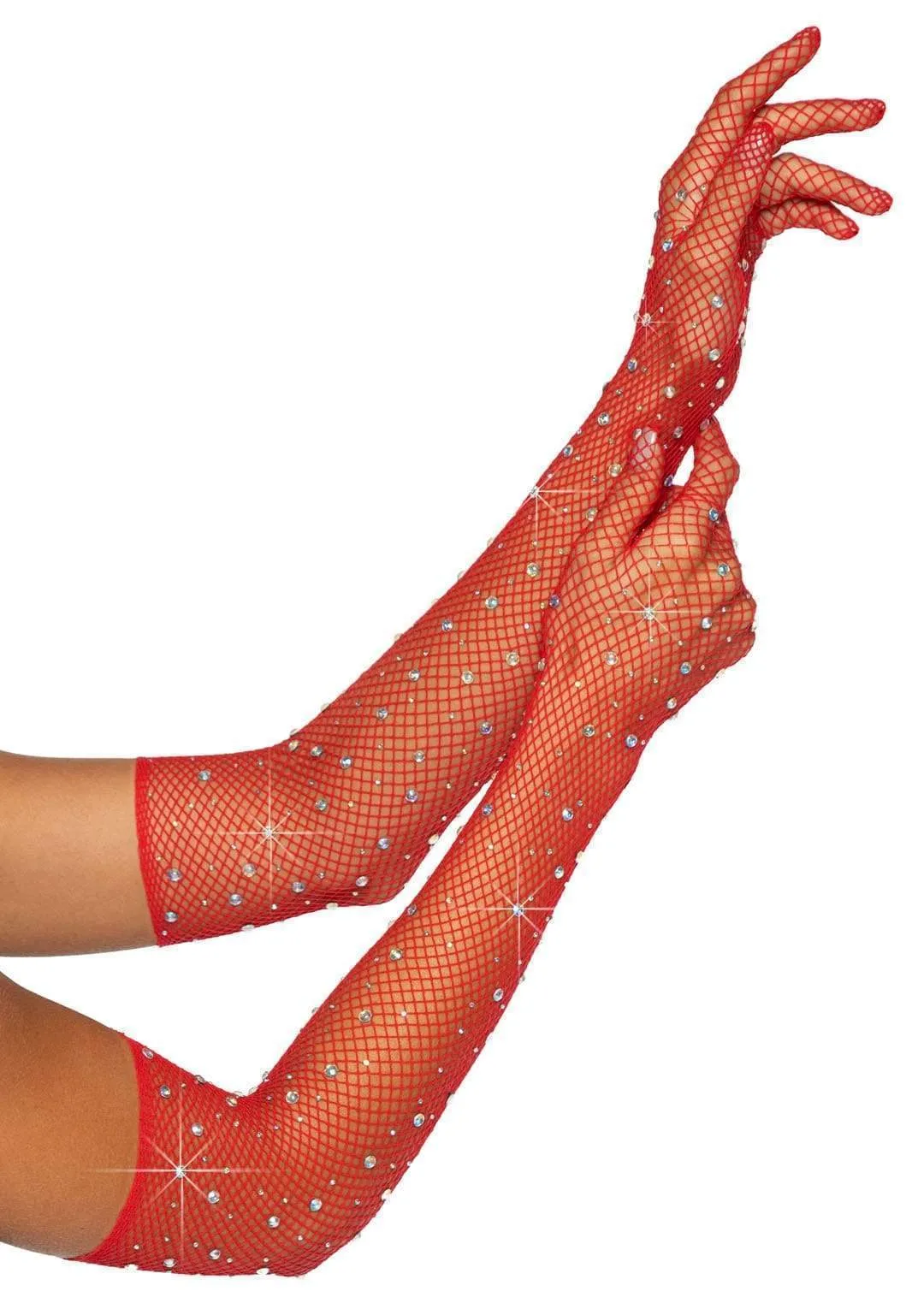 Rhinestone Fishnet Opera Length Gloves Red