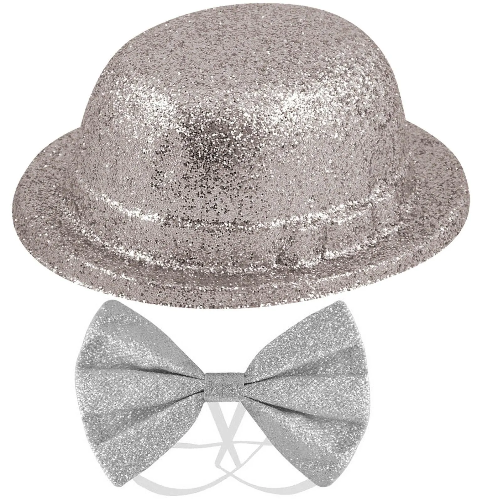 Silver Sparkly Plastic Glitter Bowler Hat with Dicky Dickie Bow Tie Fancy Dress