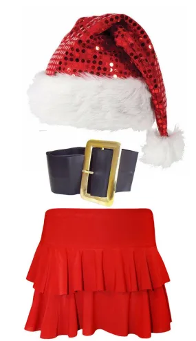 Skirt Sequin Santa Hat Buckle belt Ladies Christmas Red Rara 3 Pcs Fancy Dress