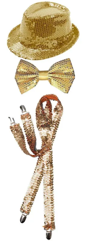 Sparkling Gold Sequin Hat Braces Dicky Dickie Bow Tie Fancy Party Accessory Set