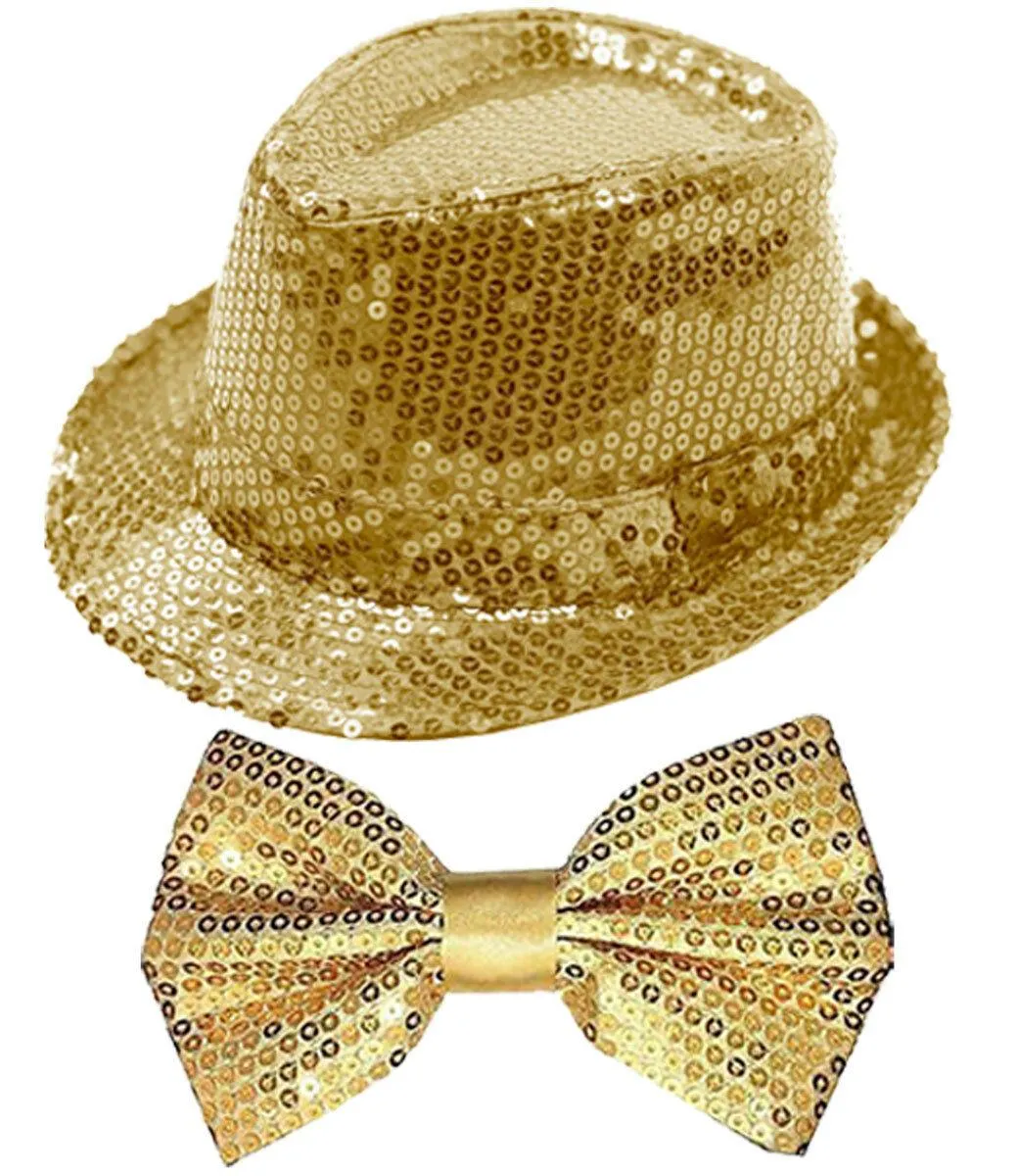 Sparkling Gold Sequin Hat Braces Dicky Dickie Bow Tie Fancy Party Accessory Set