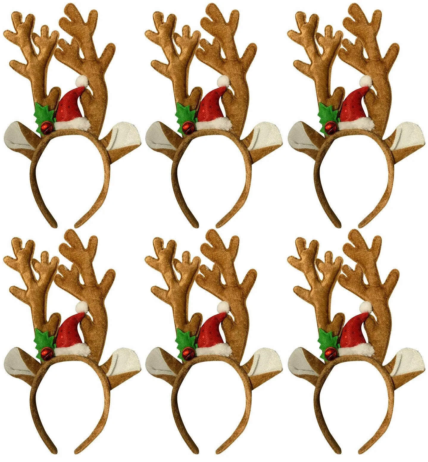 Value Pack of 6 Deluxe Velvet Reindeer Antlers W/Ears Christmas Xmas Headband