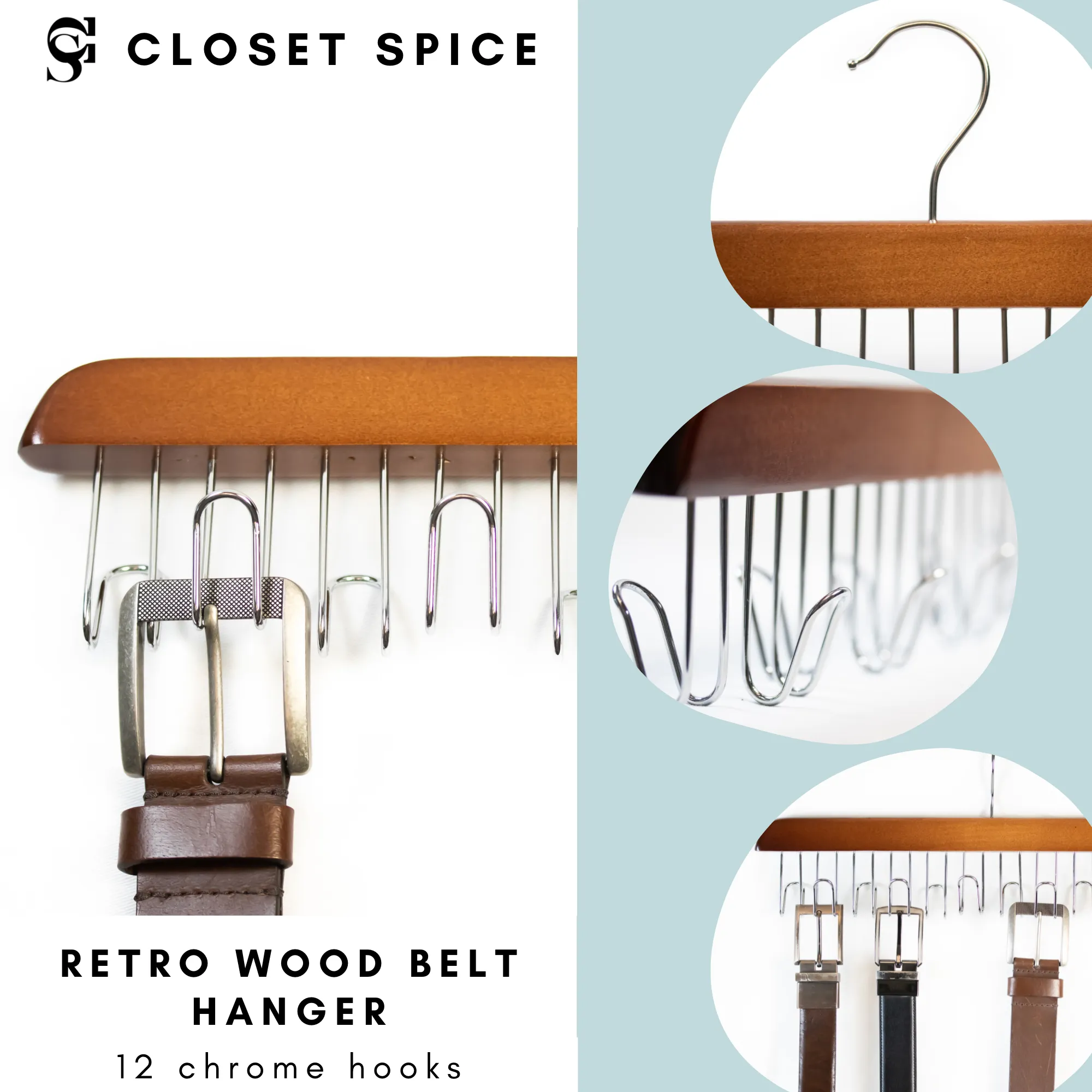 Wood Belt Hanger with 12 Hooks (Retro)