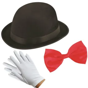 World Book Day Victorian Nanny Kit - Bowler Hat, Bow, Gloves Fancy Dress 3 Pcs Set